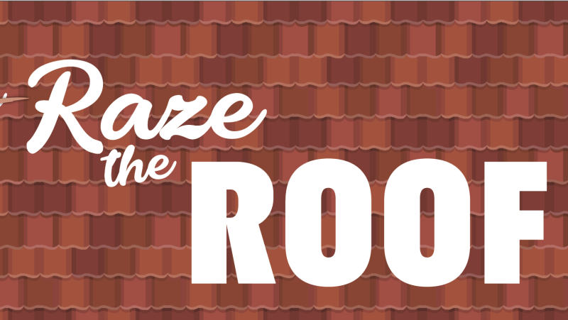 Raise/Raze the Roof text on a tile background