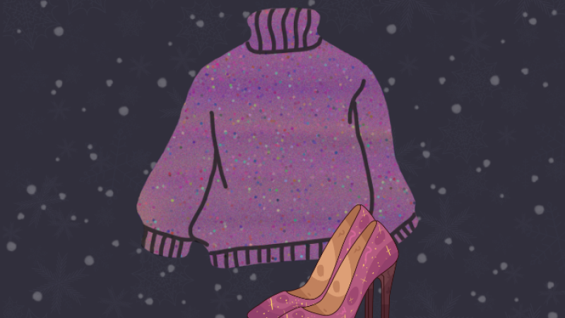 sparkly purple sweater and glittery purple heels