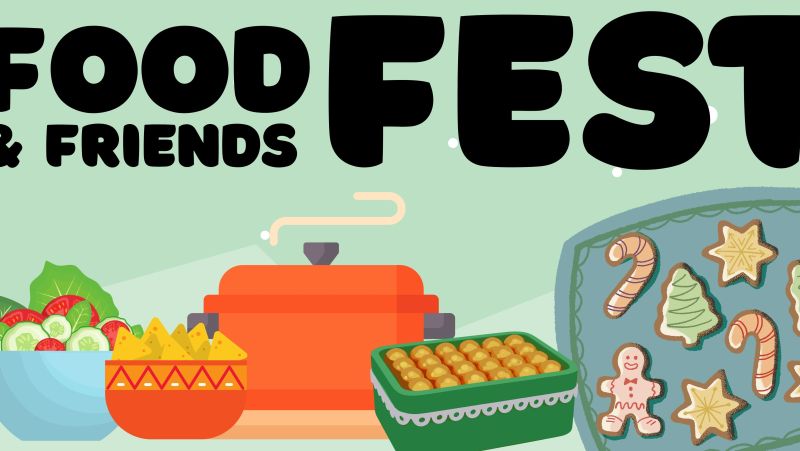Food Fest text with illustrations of potluck items