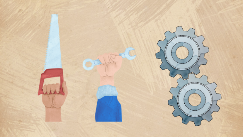 gears, hand with wrench, hand with saw