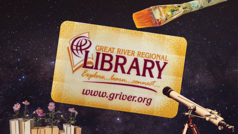 Great River Regional Library card, books with flowers in them, a paint brush with paint on it, and a telescope on star-filled outer space background