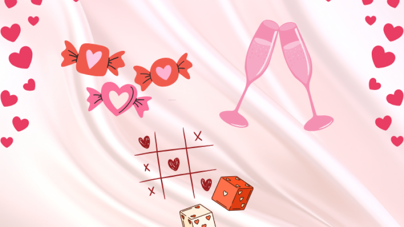 mocktail glasses, heart shaped candies, a tic tac toe board, and a pair of dice