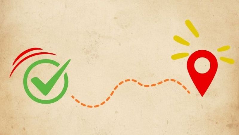 checkmark with dotted path to destination