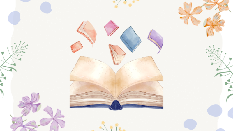 floral graphics with a colorful watercolor graphic of an open book