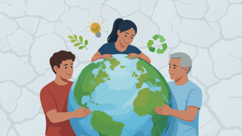 Three people hold a globe, with a recycling symbol and a lightbulb above them, representing environmental care and innovation.