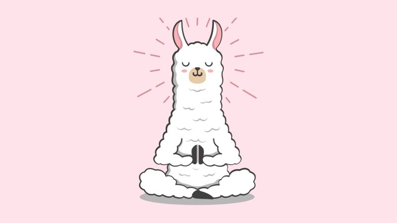 A llama doing yoga on a pink background
