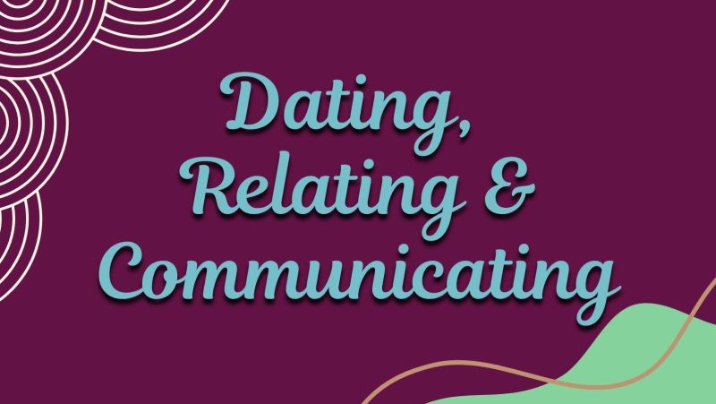 dating, relating, and communicating text on purple background
