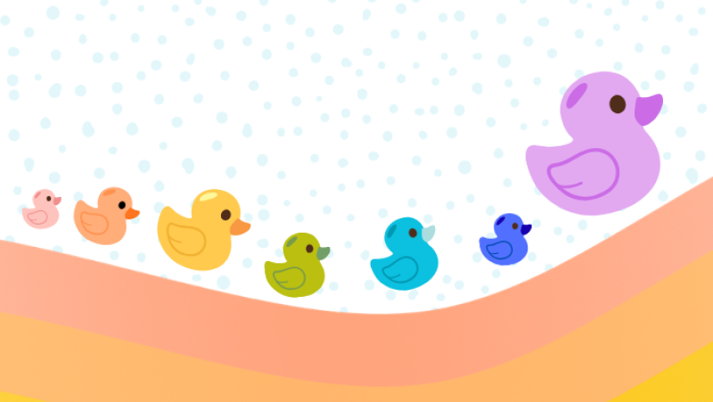 A line of rainbow ducks