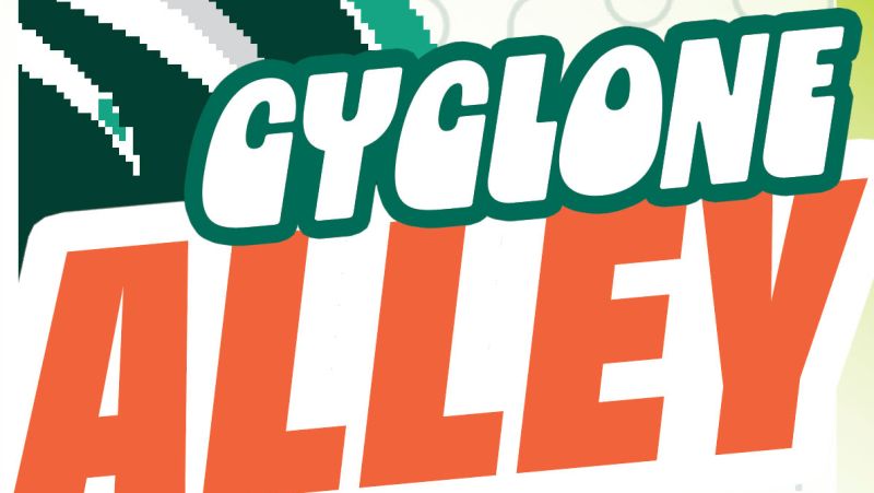 cyclone alley text on green background with cyclone logo