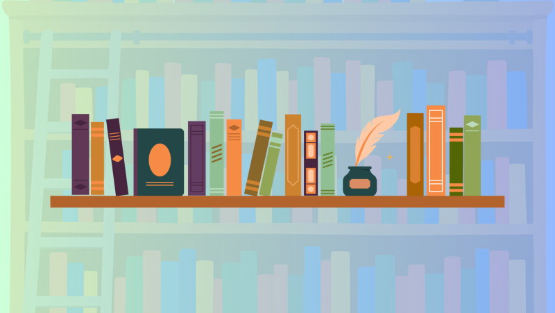 A row of library books