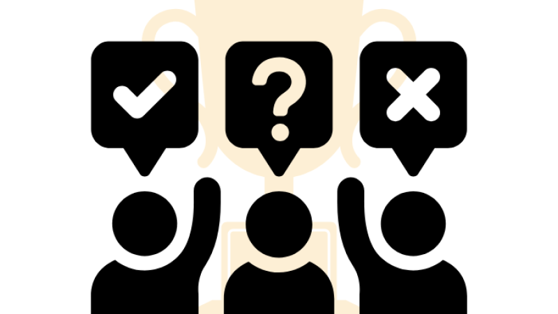 A line of three people raising their hands with a checkmark, question mark and X in speech bubbles above their heads and a faint orange trophy behind them.