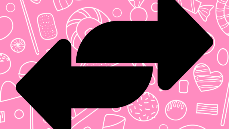two bold arrows pointed in opposite direction in front of a pink background with white outlined candies