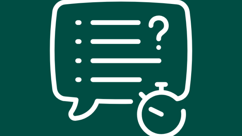 a speech bubble with bullet points and a question mark connected to a stopwatch
