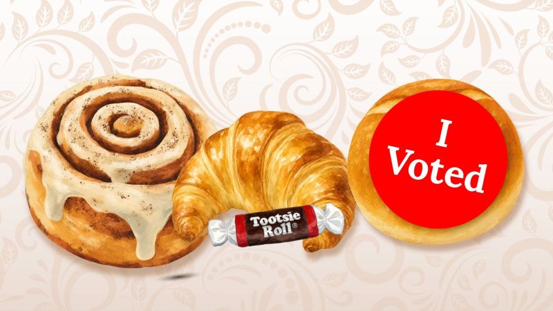cinnamon roll, croissant, tootsie roll, and an I Voted sticker on a paisley background