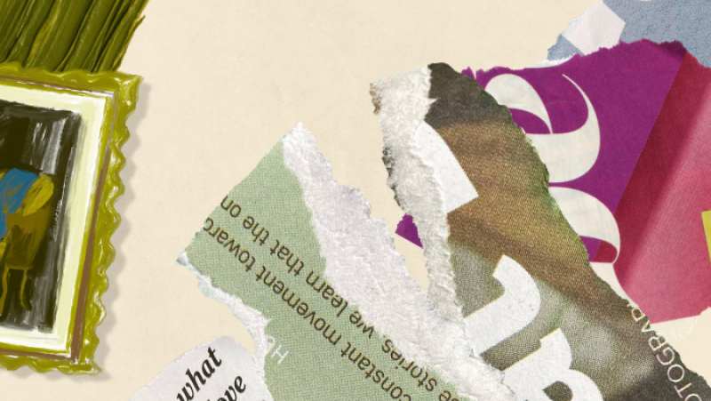 magazine scraps and textured green paint with framed artwork