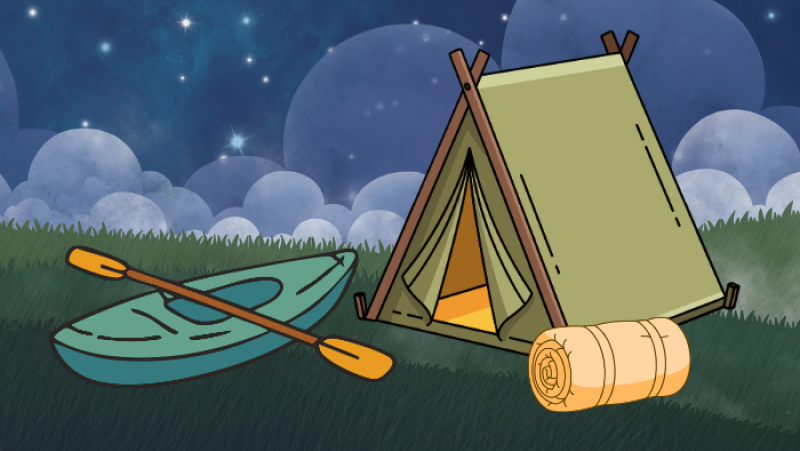 tent, sleeping bag, and kayak on the grass under a starry night sky