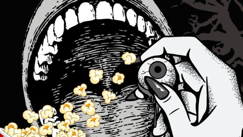 creepy open mouth, hand holding eyeball, and popcorn