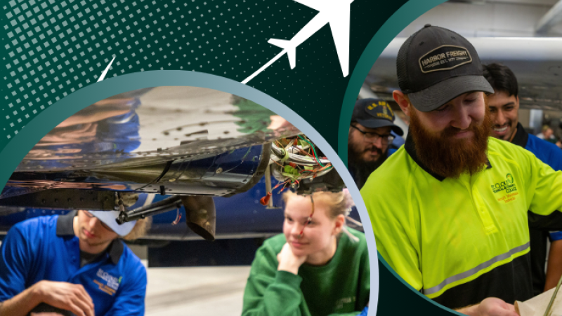 students in AMT program working with planes