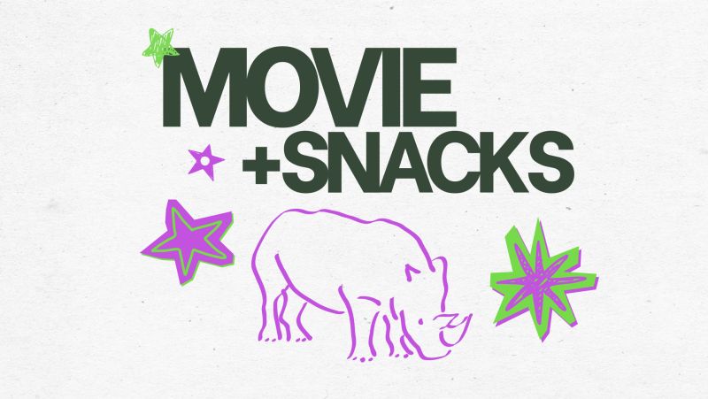 movie and snacks text with illustration of rhino and stars