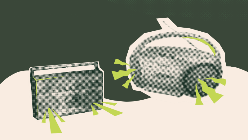 illustrated radios on a green background