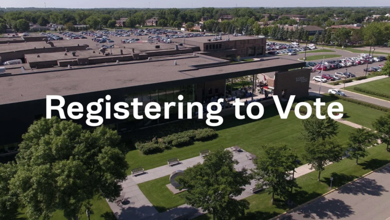 Registering to Vote. Overhead view of Northway main entrance in background