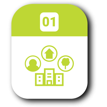 #1. school surrounded by person, home, and tree all representing environment