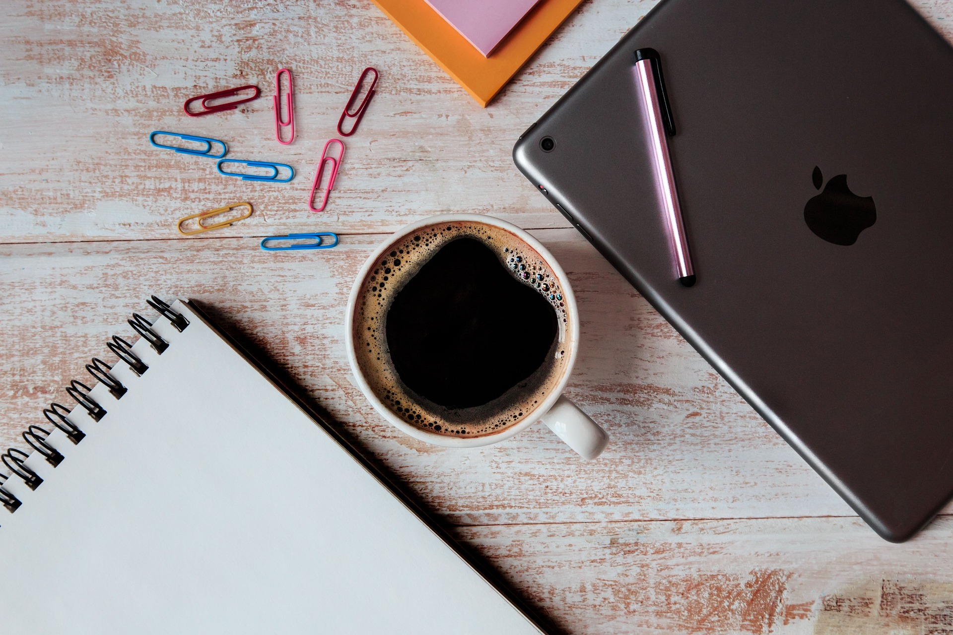 coffee, notepad and laptop