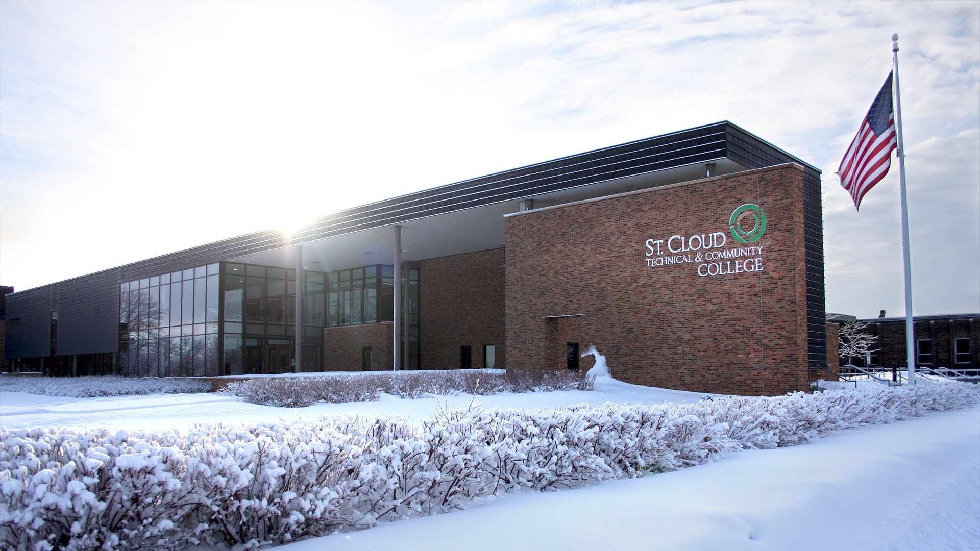 SCTCC main entrance with snow covering the ground on a sunny day