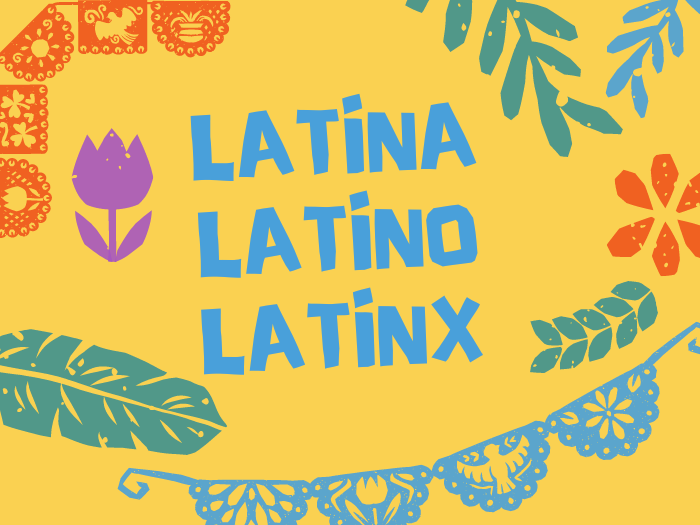Latina, Latino, Latinx and graphics on a yellow background