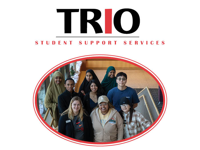 TRIO logo and group photo on stairs at SCTCC main entrance