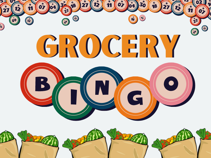 Text Says grocery bingo in the center with the each letter of bingo in bingo balls. Graphics of bingo balls across the top falling and on the bottom, grocery in paper bags repeated across the bottom at different angles