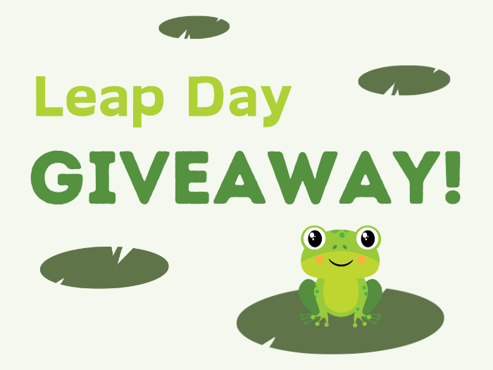 Written: Leap Day GIVEAWAY, with lily pad graphics and a cute frog