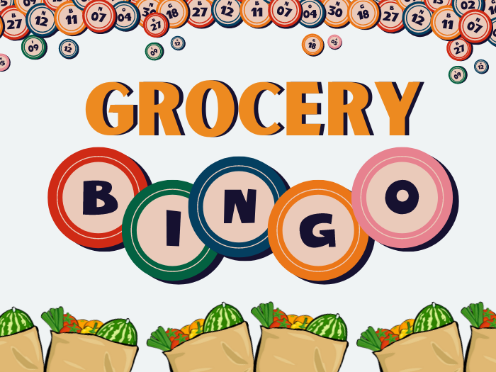 Grocery Bingo, graphics of bingo balls and grocery bags around border