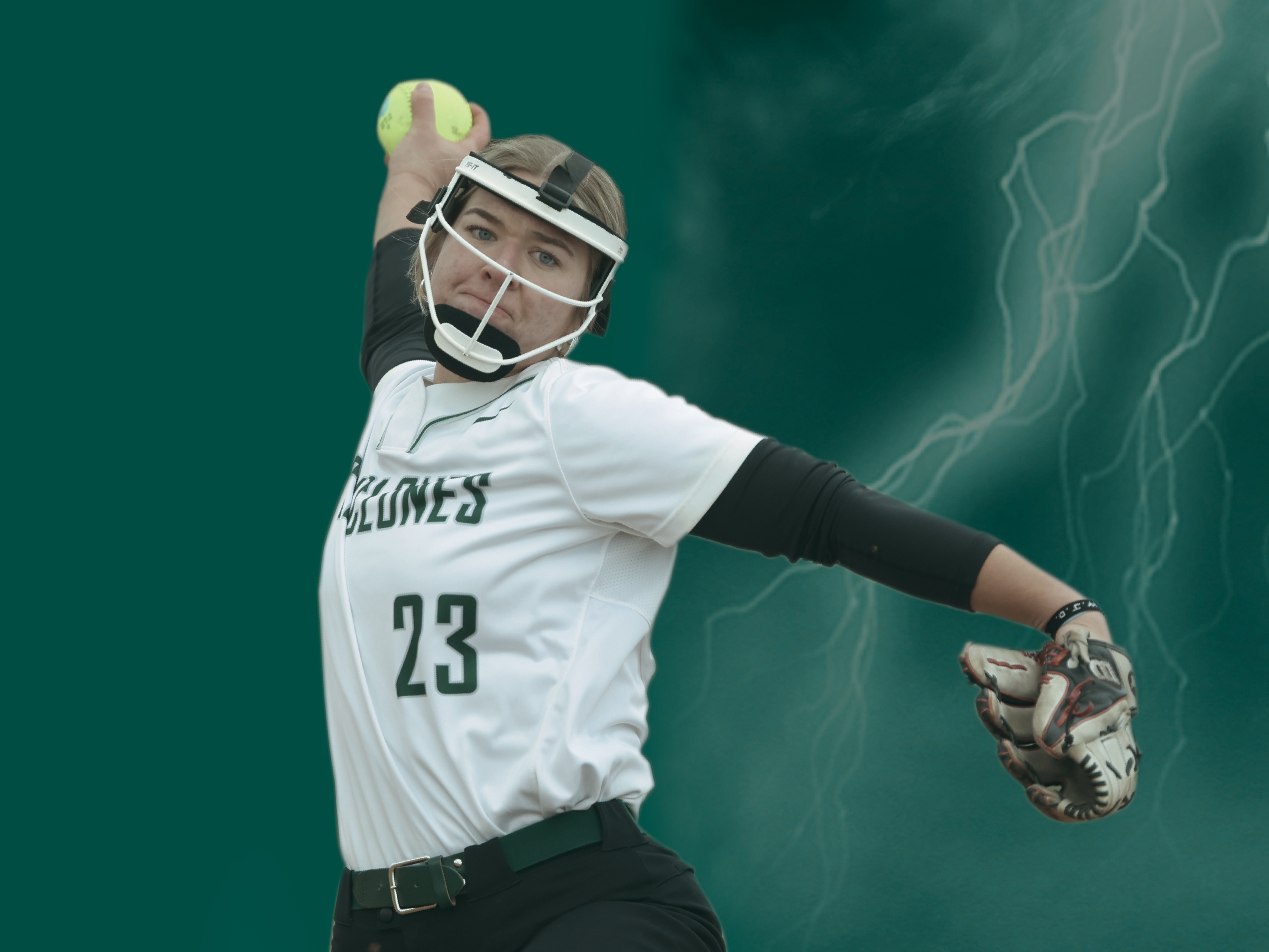 Image of softball player pitching a ball with lightning graphics in the background.