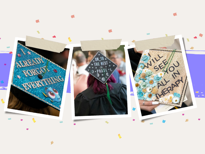 3 images of decorated grad caps with confetti in the background. 