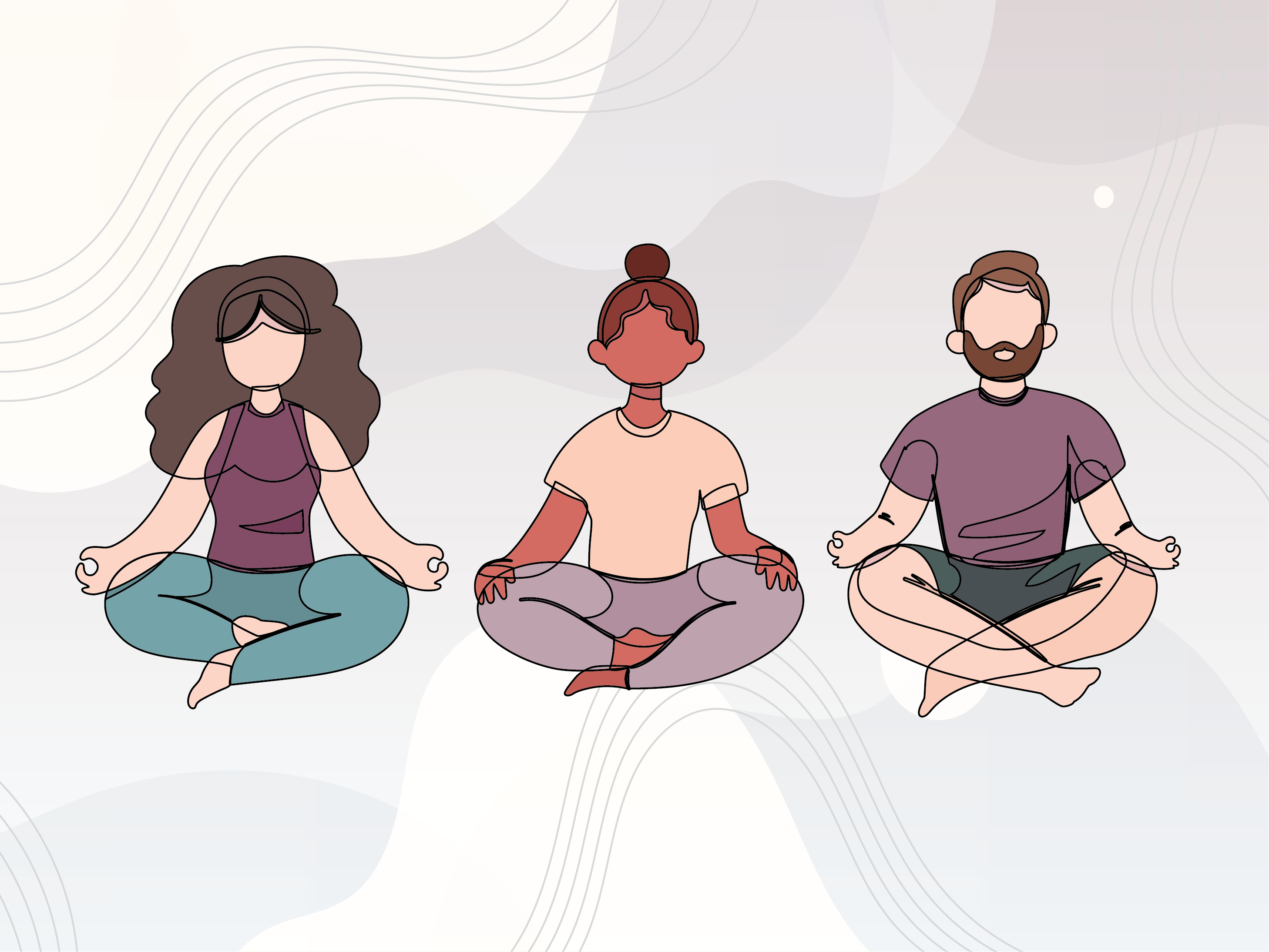 outlined graphics of three people sitting in a row doing yoga.