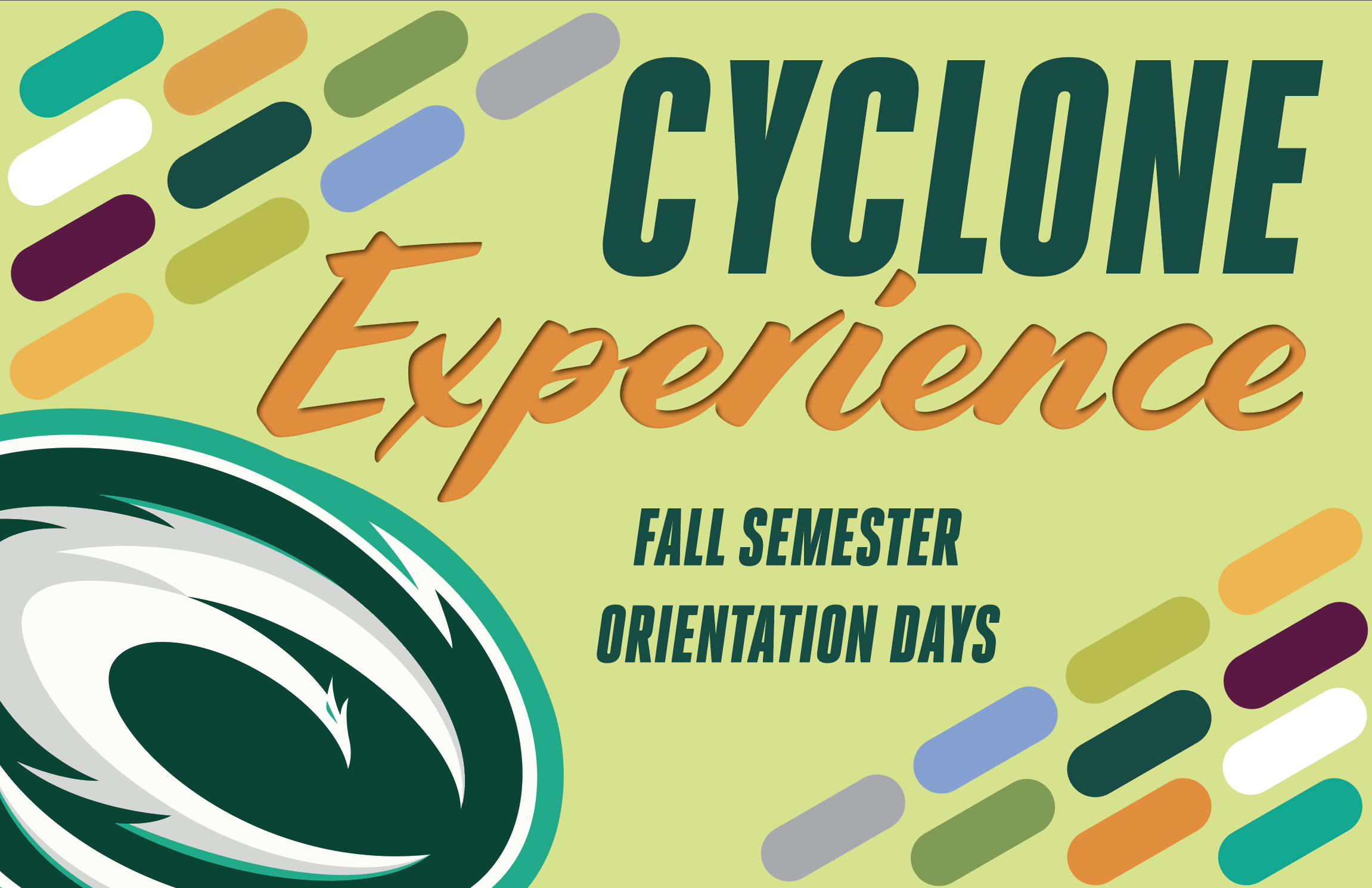 Cyclone Experience text on decorative background with cyclone logo