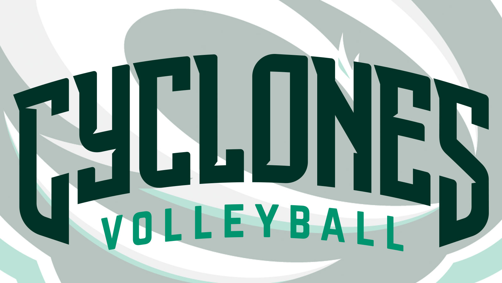 Cyclones volleyball text with faded cyclones logo in background