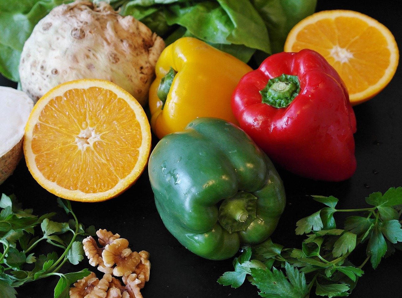 peppers, citrus, and greenery vegetalbes 