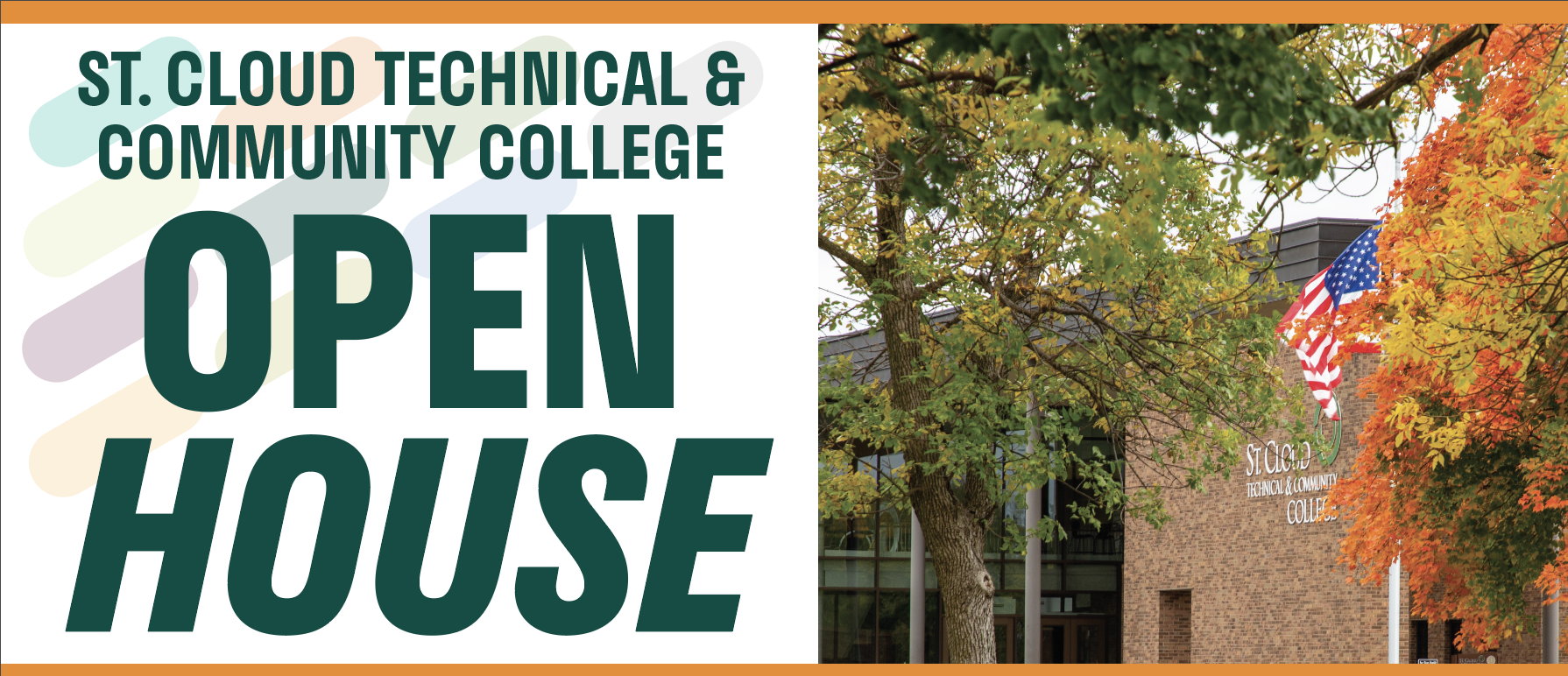 open house text with pic of the college with a fall tree