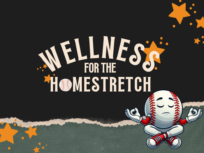 Wellness for the Homestretch, includes illustration of meditating baseball and stars in background