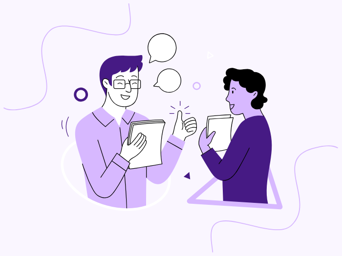 graphic of two people smiling and talking