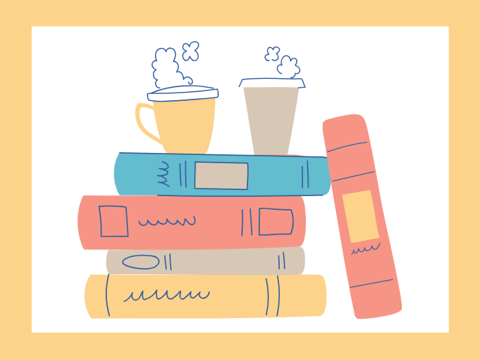 Graphic of stacked books with coffee on top of books