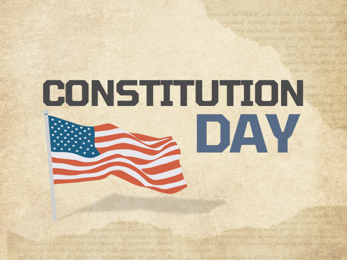 Constitution Day words, with a US flag illustration.