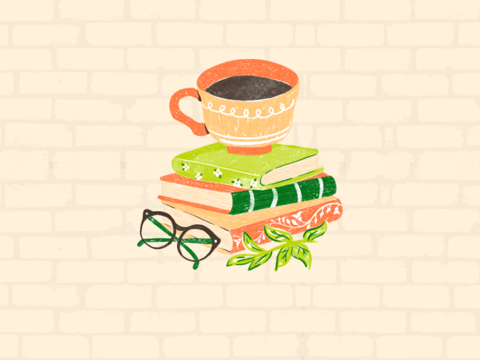 stack of books with a coffee cup sitting on top and glasses next to the books