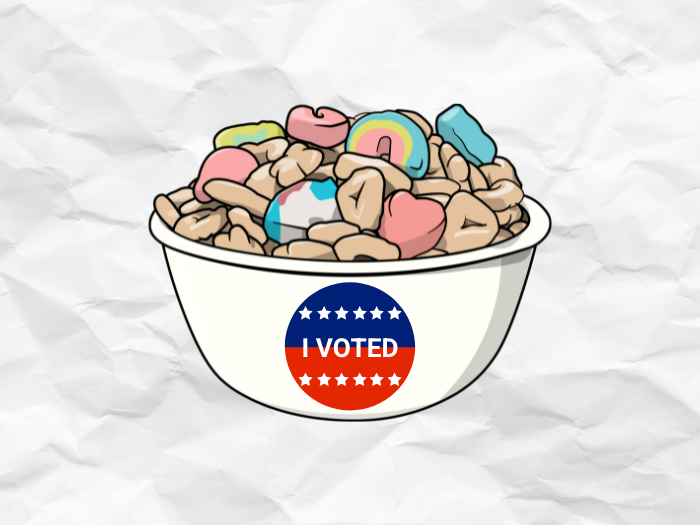 bowl with an "I voted" sticker on it full of cereal