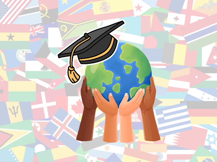 globe with grad cap held up by multiple hands on a flag background