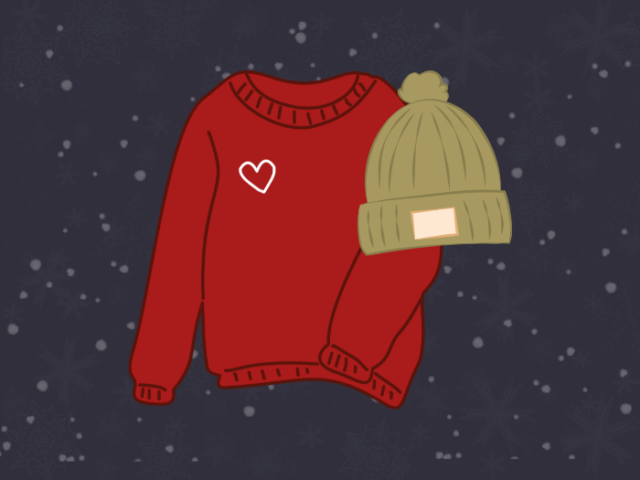 red sweater with a heart on it and a green beanie hat