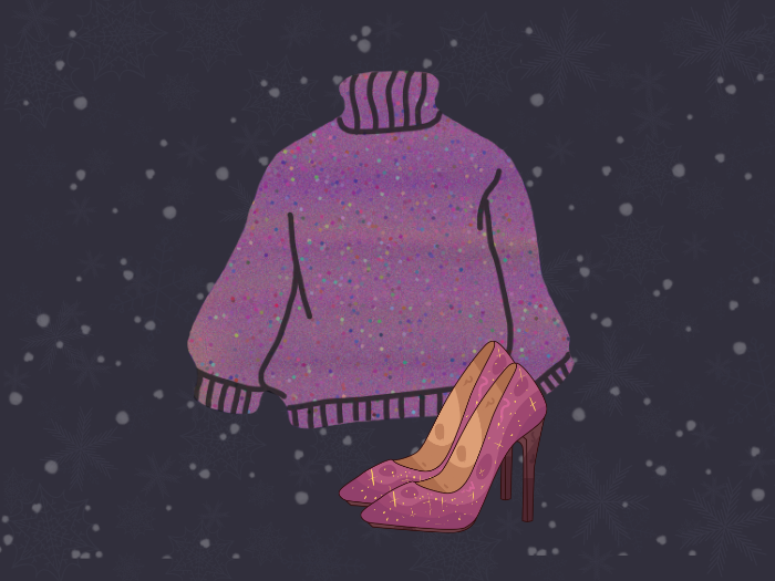 sparkly purple sweater and glittery purple heels