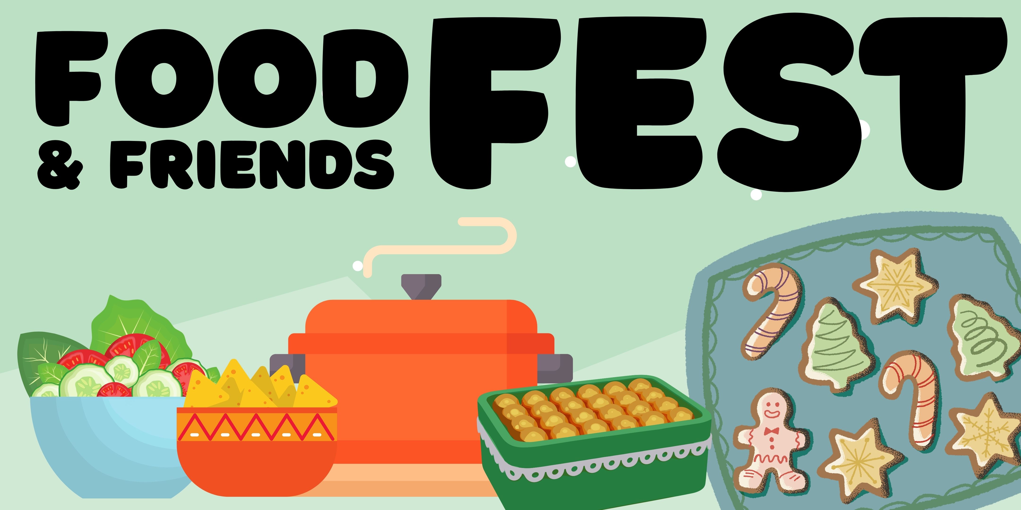 Food Fest text with illustrations of potluck items